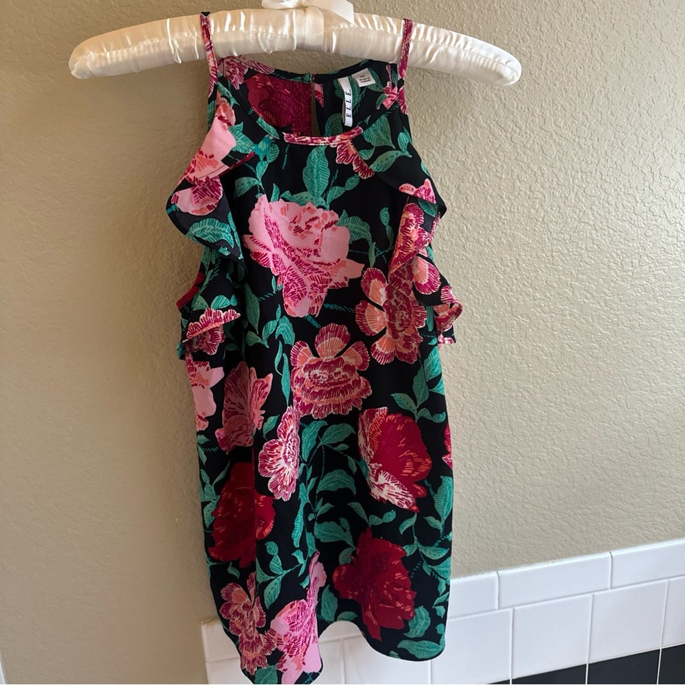 Elle Black sleeveless top with Pink and Green Floral Pattern - XS